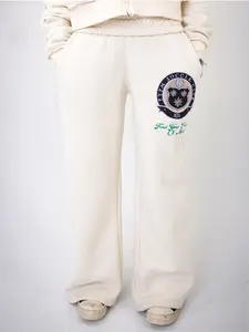Soccer Club Sweatpants Cream Heavyweight Cotton Blend Fleece Relaxed Wide Leg Silhouette with Elastic Waistband for Comfort