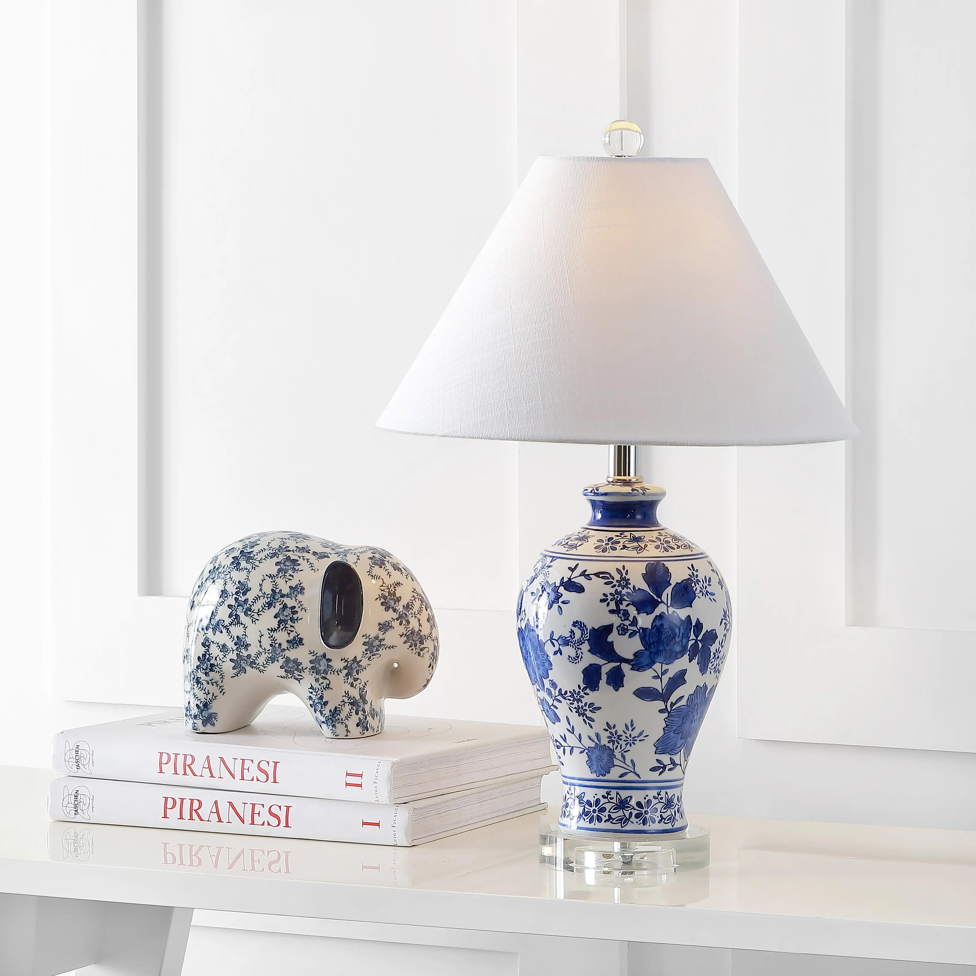 JONATHAN Y Song Table Lamp 21.5" Chinoiserie Floral Ceramic, Blue/White | Traditional Vase Shape, Crystal Base, Linen Empire Shade, UL Listed, LED Bulb Included, Nightstand Light