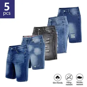 Clean Gent 5-Pack Casual Comfortable Straight-Leg Shorts, Men’s Washed Vintage Denim Shorts, Classic Street Style Men’s Jeans Shorts, Regular Fit Casual Fashion Shorts