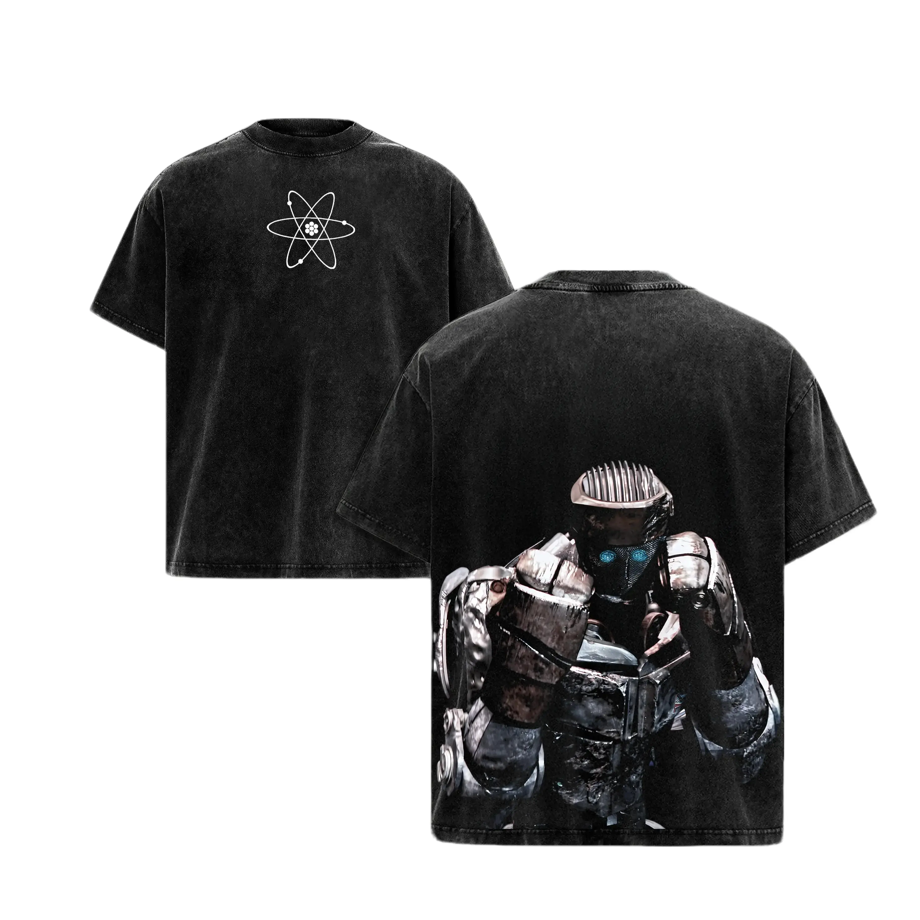 Atom Real Steel movie acid wash 2 Sided premium heavy cotton t-shirt unisex neck graphic t-shirts horror movie Menswear Streetwear