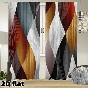 2D Flat 2Pcs Modern Geometric Pattern Curtains Abstract Diamond Design Rod Pocket Style Semi Sunshade Polyester Fabric Elegant Multicolor Wave Lines Window Drapes Suitable for Living Room Bedroom Kitchen Balcony Office Treatment Room Decor Curtain