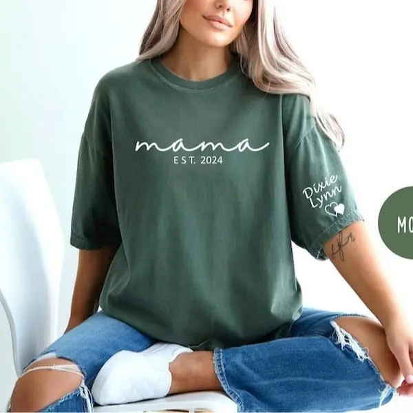 Custom Mama Shirt – Comfort Colors T-Shirt with Kid Name on Sleeve, Personalized Mom Gift, Mother's Day Gift for New Mom, Mama Life Tee