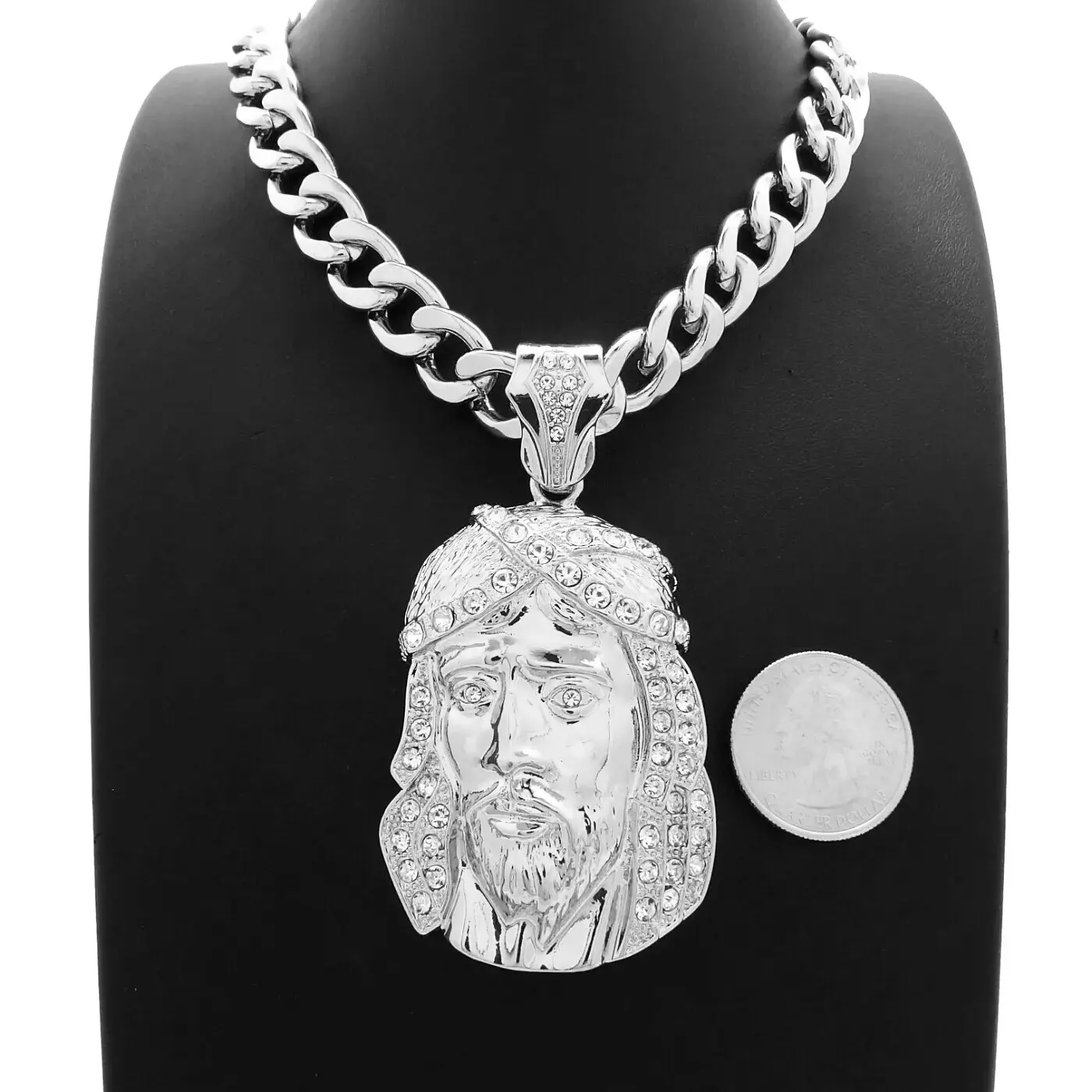 MaxBling81 Unisex Exquisite Chain Jewelry - Large CZ Gold-Silver Plated Jesus Portrait Oversized Pendant, 10mm Cuban Chain Links Necklace (18/20/24/30in Multi-Size), Hip Hop Religious Daily Wear Character Silver-Toned Set, Chain Links Necklaces