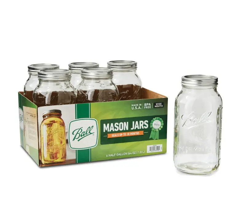 Ball Glass Mason Jar W/Lid & Band, Wide Mouth, 64 Ounces, 6 Count