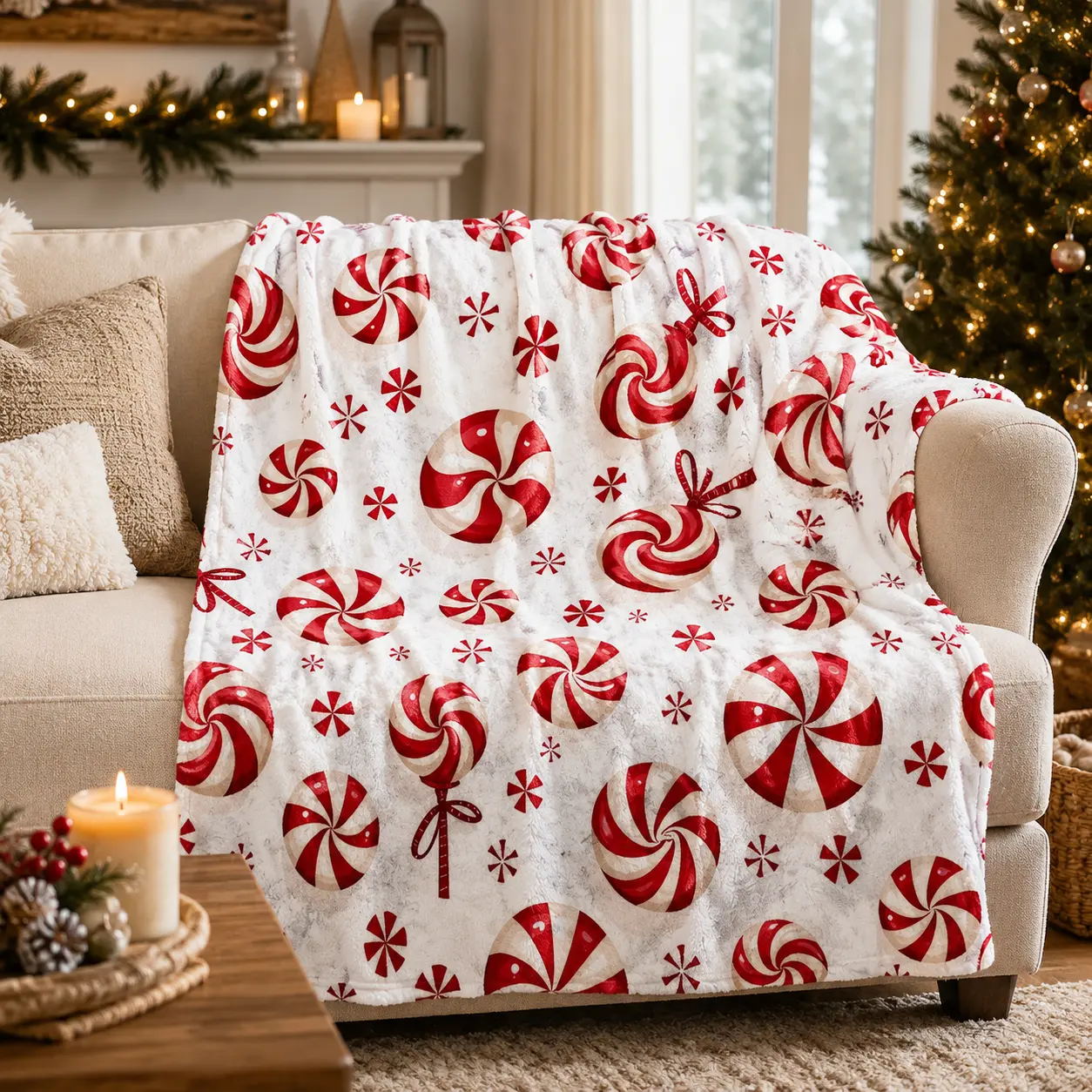 Christmas Peppermint Candy Cane Swirl Pattern Flannel Throw Blanket, Lightweight Soft Fuzzy Plush Blanket for Couch Bed Sofa, All Season Cozy Warm, Cute Winter Holiday Gift, Festive Red White Sweet Candy Design Bedroom Living Room Home Decor