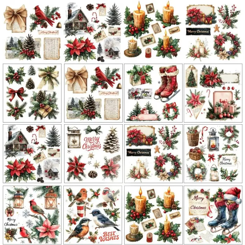 12 Sheets Christmas Rub on Transfers for Crafts and Furniture, Vintage Christmas Santa and Tree Xmas Rub on Transfer Stickers Winter Decals for DIY Craft Home Window Decor, 5.5x5.5 Inch