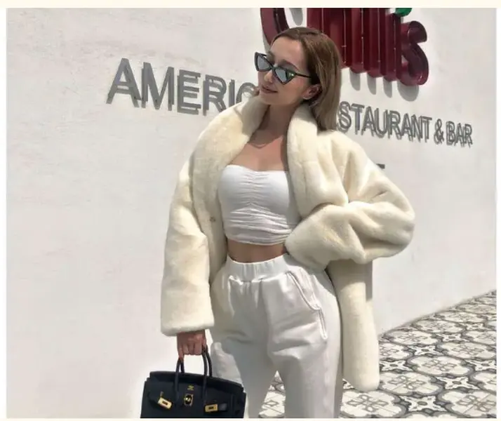 Polar Opposite Women's White Faux Fur Coat with Oversized Collar & Stylish Handbag for Trendy Outfits Casual Wear