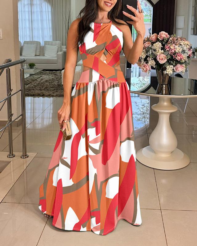 ChicMe Women's Floral Print Halter Sleeveless Shirred Maxi Dress Casual Waist Criss Cross Hollow-out Dress