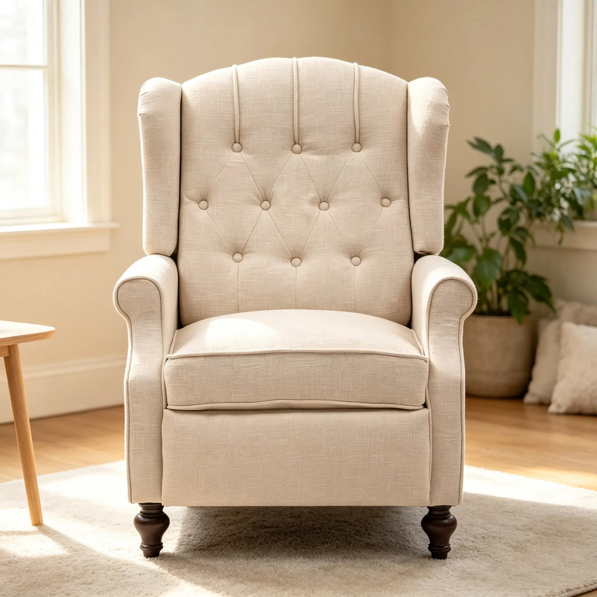 Mid Century Wingback Pushback Recliner Chair, Tufted Recliner Armchair with Massage & Heat, Rivet Detail, Solid Wood Legs for Living Room, Bedroom and Office (Beige)