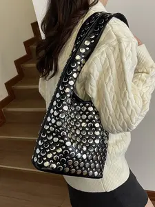 Women's Punk Style Cool Handbag, Retro Fashion Solid Color Shoulder Bag, Casual Trendy Versatile High-quality Daily Commuting Bag, Casual Commuter Bag, Fashionable Bling Bag
