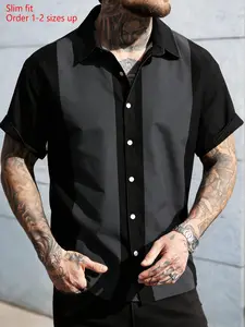 Plus Size Men's Summer Plus Size Classic Grey Black Colorblock Striped Shirt, Collared Shirts, Tall Vertical Stripe Casual Short Sleeve Button Down, Comfortable Fit