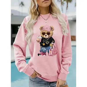 Women’s autumn–winter casual knit sweater with a teddy bear print and crew neck, slim-fit sports top with lettering