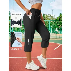 Women Ice Fiber Three Quarter Pants Loose Casual Drawstring Waist High Elastic Breathable Capri Pants With Zipper Pockets Daily Outdoor Streetwear Summer Relaxed Fit Trousers