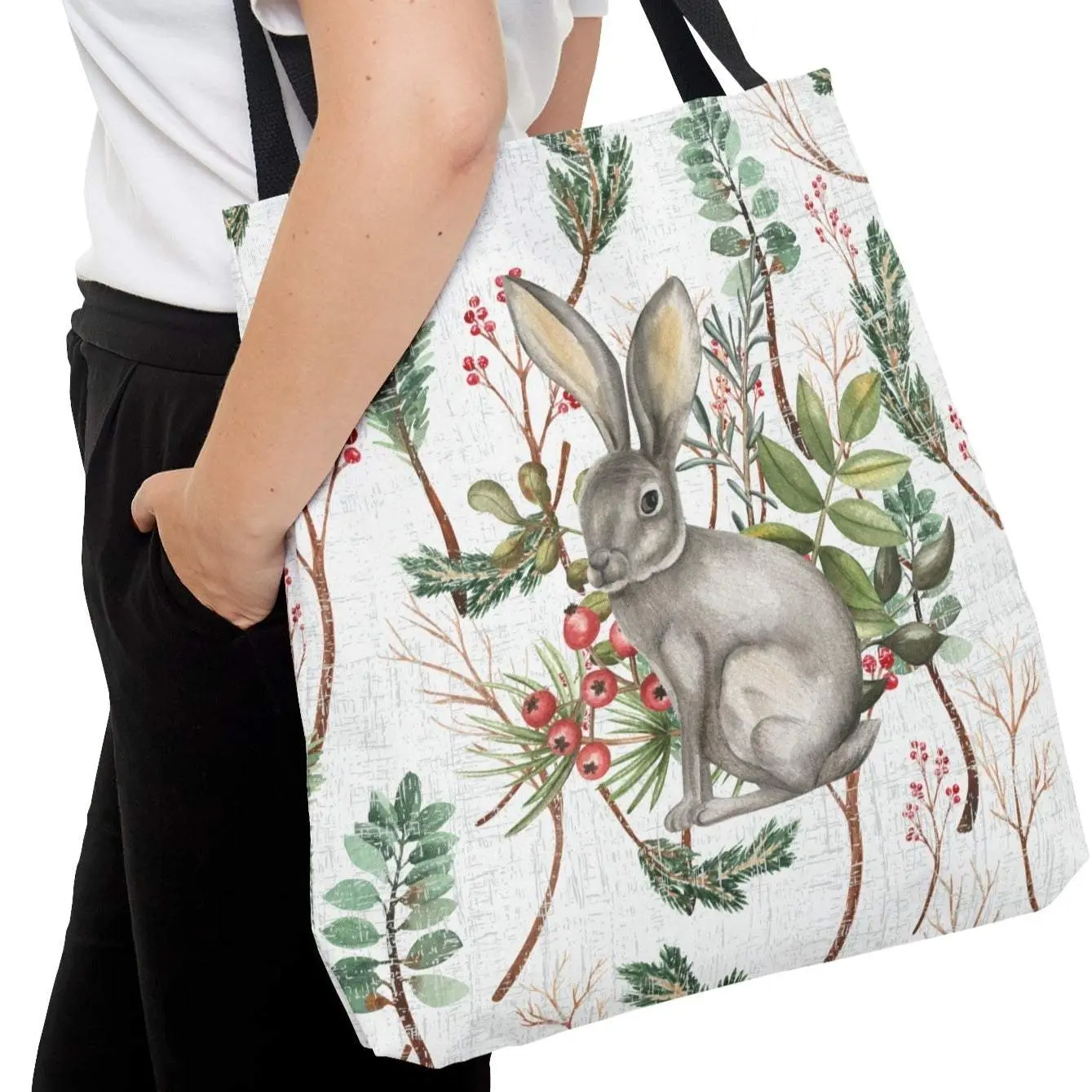 Rabbit on White Botanical Large Tote Bag: Nature-Inspired Bunny Design