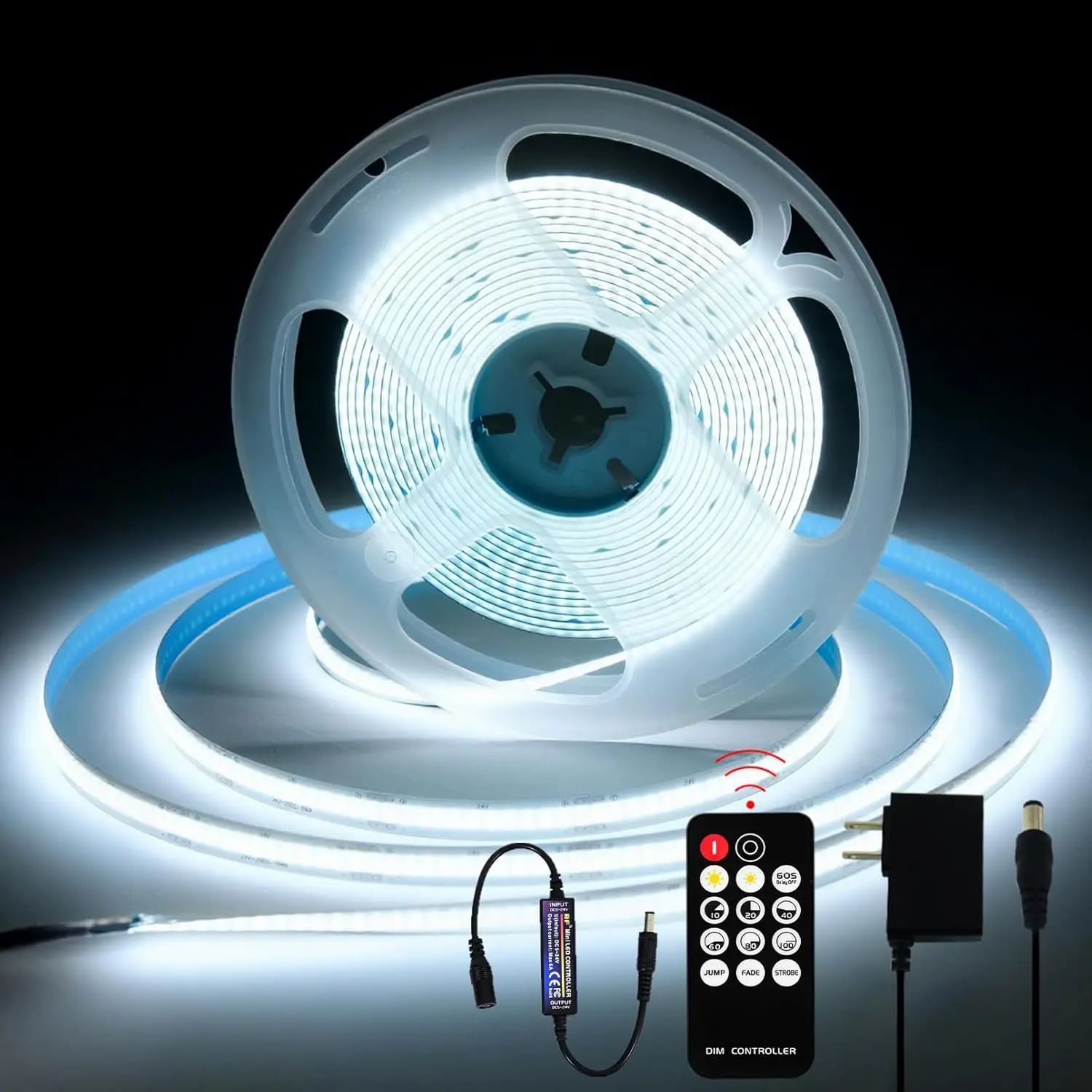 24V Dimmable COB LED Light Strip, 16.4FT White 6000K, High Brightness led Strip Lights, with RF Remote Control and UL Power , Suitable for Bedroom, Kitchen, and DIY  Decoration