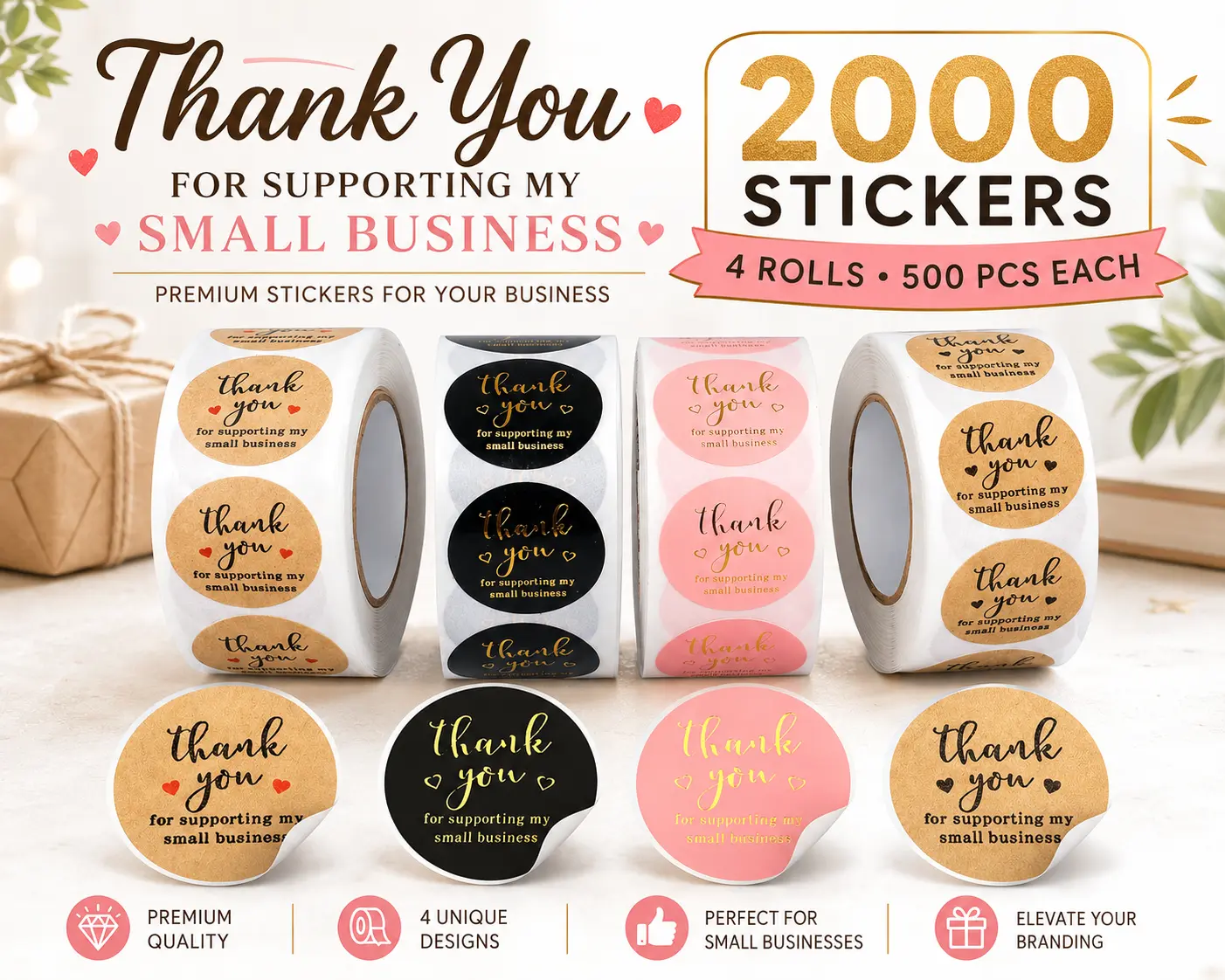 2000Pcs, 4 Rolls, Each roll 500Pcs Thank You Round Stickers for Supporting My Small Business Adhesive Labels, 3-Color, 1inch