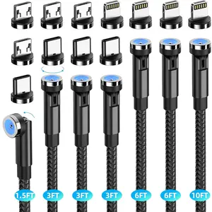 [7-Pack 1.6FT/3FT/3FT/3FT/6FT/6FT/10FT] 540? Rotating  Phone Charger 3 in 1   Nylon Braided USB Charger  for  USB/Type C/iProduct Device-Black