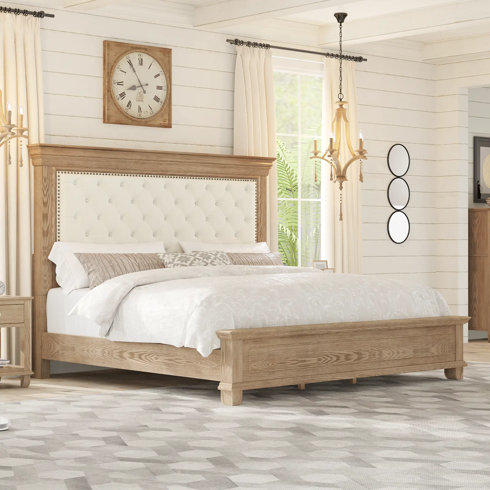 AMERLIFE Rustic Solid Wood Bed Frame With 68" Tall Headboard, Farmhouse Chenille Upholstered Panel Platform Bed Mattress Frame, No Mattress[tiktokshopbacktoschool][SohoChic]