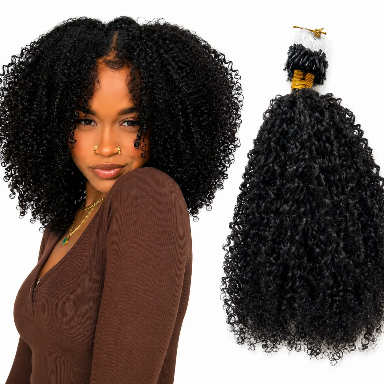 Women's 100-Strand 100% Human Hair Micro Loop Extensions, Afro Kinky Curly Loop Ring Pieces for Adding Length & Volume