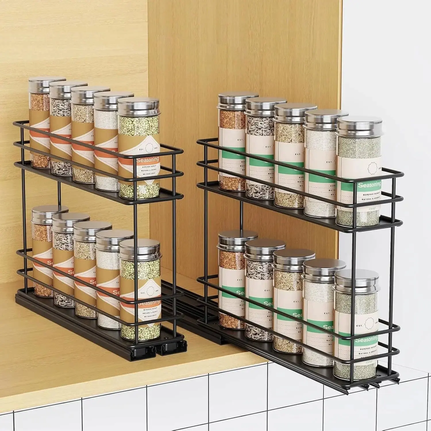 2-Tier 2-Drawer Pull-Out Cabinet Pantry Organizer, Slide-Out Spice Rack for Kitchen Cabinets, Easy-to-Install Kitchenware, 2.75''Wx10.35''Dx8.26''H
