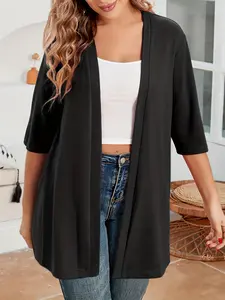 Plus Size Women's Solid Color Drop Shoulder Open Front Cardigan, Plus Casual Fashionable Half Sleeve Outerwear for Daily Outdoor Wear, Summer Outfits 2024, Women Plus Clothing for All Seasons