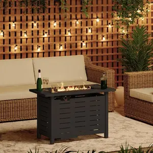 【Ships in 1 Packages】Aoxun 44/40/28  Inch Propane Fire Pit–50,000 BTU Gas Fire Pit Table with Removable Lid & Lava Rocks, Rectangle Firepit Table for Outside, Patio, Deck, Backyard, Black