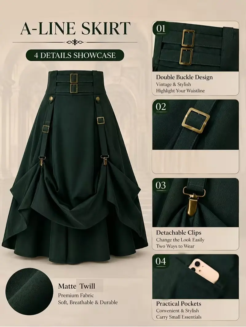 Gothic-style metal-accented pleated skirt featuring pockets and a comfortable elastic waistband. It boasts an adjustable, multi-layered asymmetrical hem and offers versatile styling options—perfect for Gothic and punk parties or casual everyday outings.
