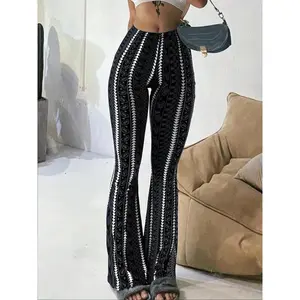 Women's High Waist Flare Pants Black Printed Bell Bottom Trousers Slim Fit Stretchy Wide Leg Pants Retro Bohemian Ethnic Pattern Streetwear Y2K Trendy Casual Fashion Club Party Outfit Comfortable Long Pants Boho Festival Trousers