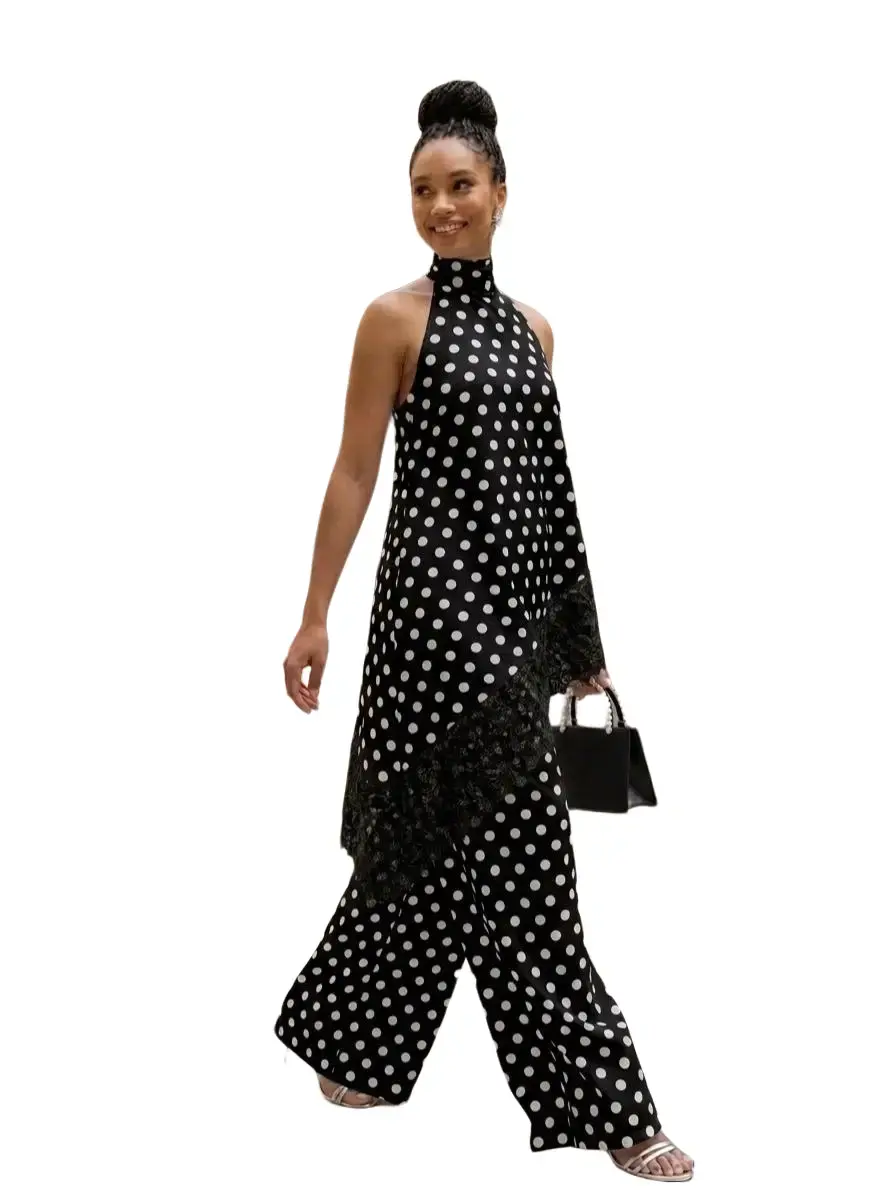 WENRY Women's Chic 2-Piece Matching Set - Elegant Polka Dot Print Backless Halter Neck Sleeveless Top & Wide Leg Pants with Statement Lace Accents, Women's 2 Piece Set