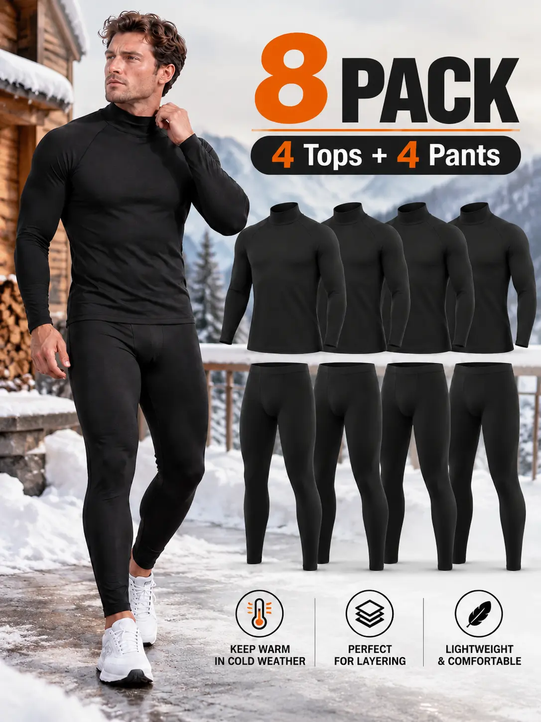 Men's 4/8 Pack Thermal Underwear Sets, Fleece Lined High Neck Base Layer, Lightweight Warm Long Johns, Soft Stretchy Underlayer for Sports Outdoor Skiing Winter Daily Wear