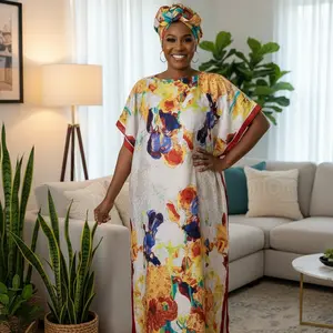 Stunning Watercolor Floral Kaftan! Silk-Feel Maxi Dress & Matching Scarf Set