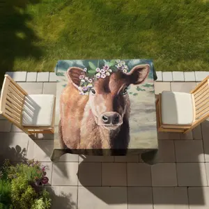 360 stand Rustic Jersey Cow Print Tablecloth, 58x58in, Water Resistant, Farm Animal Themed, Indoor-Outdoor Household Kitchen Linen for Home, Farm & Indoor Outdoor Furniture Decor, Picnic Dining Table