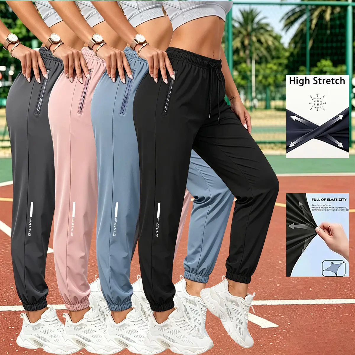 Women’s 4-Pack Nylon Fabric Athletic Pants - Casual Sport Printed Elastic Cuffed Joggers for Fitness, Yoga & Outdoor Cycling