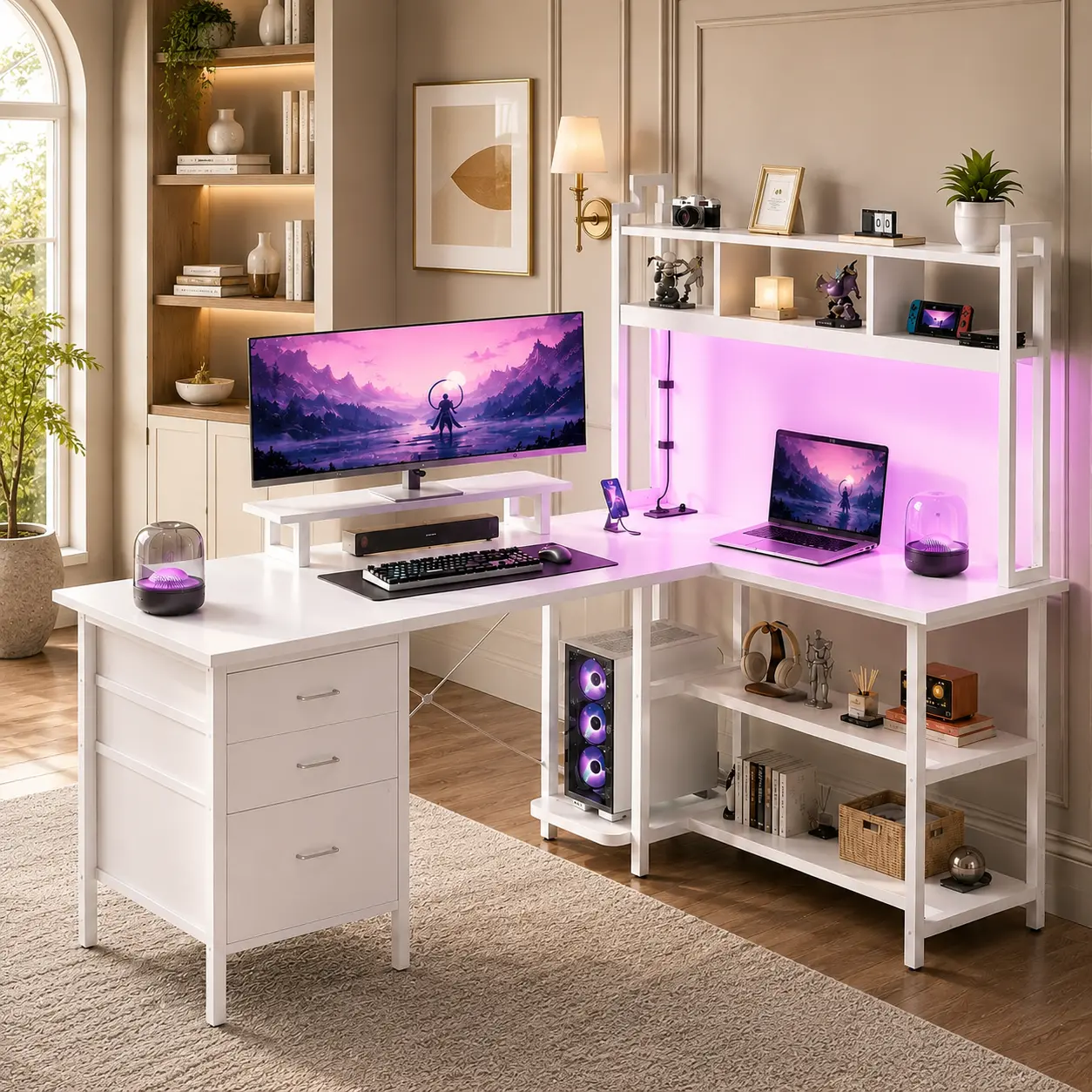 Homieasy L-Shaped Gaming Desk with Hutch, Gaming Desk with Led Lights, Reversible Computer Desk with Power Outlet, Corner Desk with File Drawer & Monitor Stand, Storage Shelves for Home Office