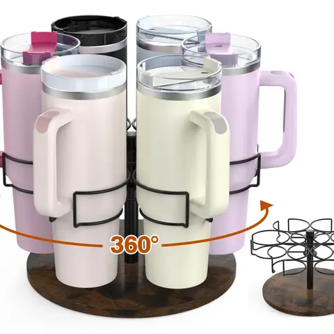 Vintage Brown Wooden 6-Slot Beverage Organizer Rack - Steel-Constructed Smooth Rotating Kitchen Storage Holder, 40 oz Fit, Easy Installation Kit, Marble Accent, Patented Home Organizer Gift