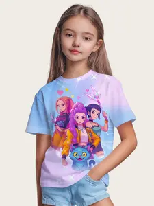 Girls Kpop Series T-Shirts, Blue Gradient Cute Pet Girl Group Full Print Casual Short Sleeve, Comfortable Soft Fabric, Kpop Fan Gift