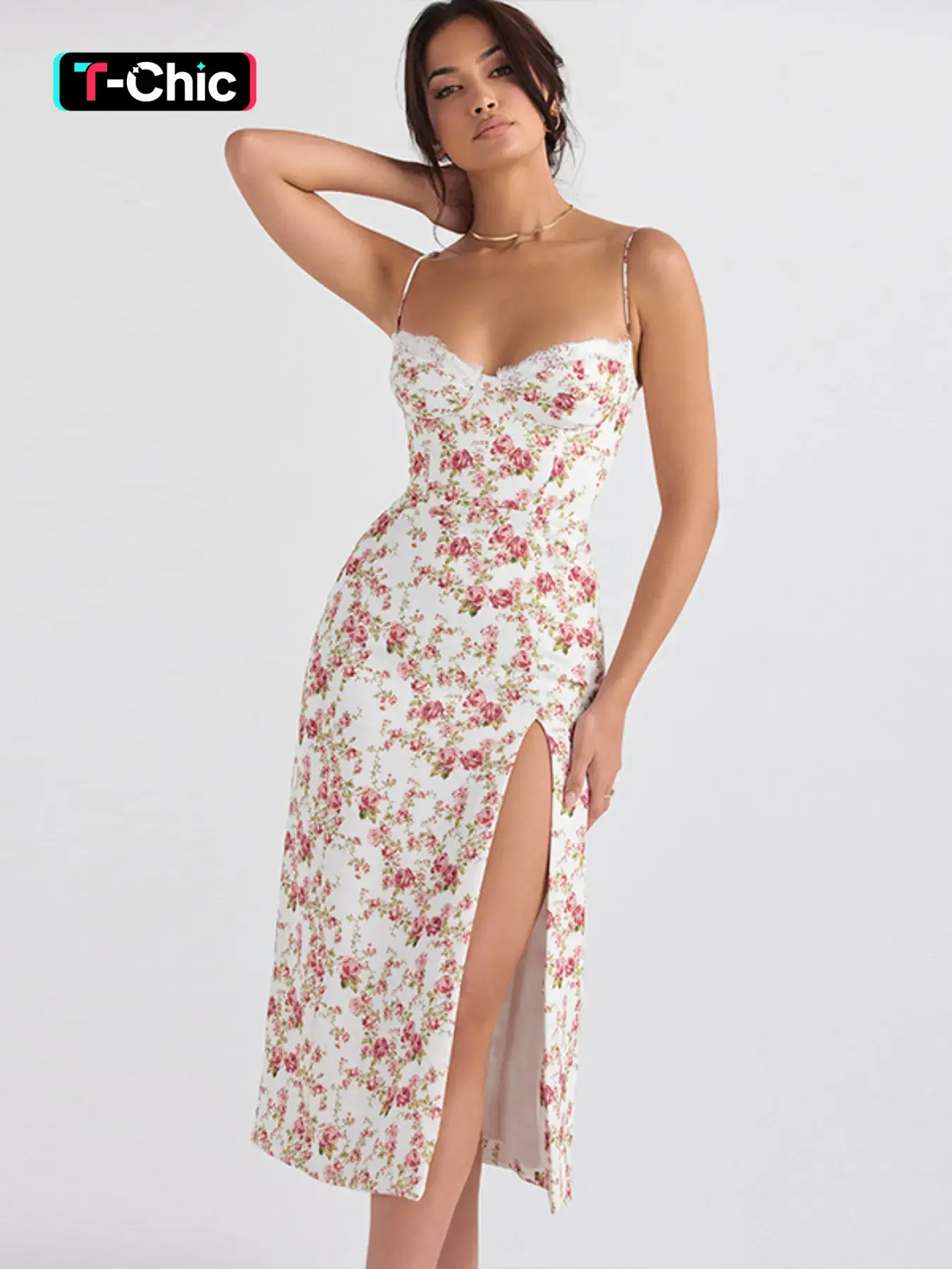 Women's Ditsy Floral Print Contrast Lace Side Split Bodycon Fit Spaghetti Strap Cami Polyester Dress, Bohemian Boho Style Casual Wear Sleeveless Midi Dress for Summer Beach Holiday Vacation, Womenswear