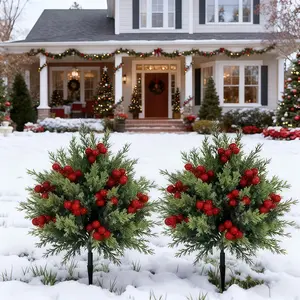 2-piece set, high-end artificial cedar needle pine Christmas tree with ground stakes and red fruits, suitable for winter indoor and outdoor decoration, home, hotel, garden, office, ground display, outdoor artificial green plant, Artificial Cedar Trees
