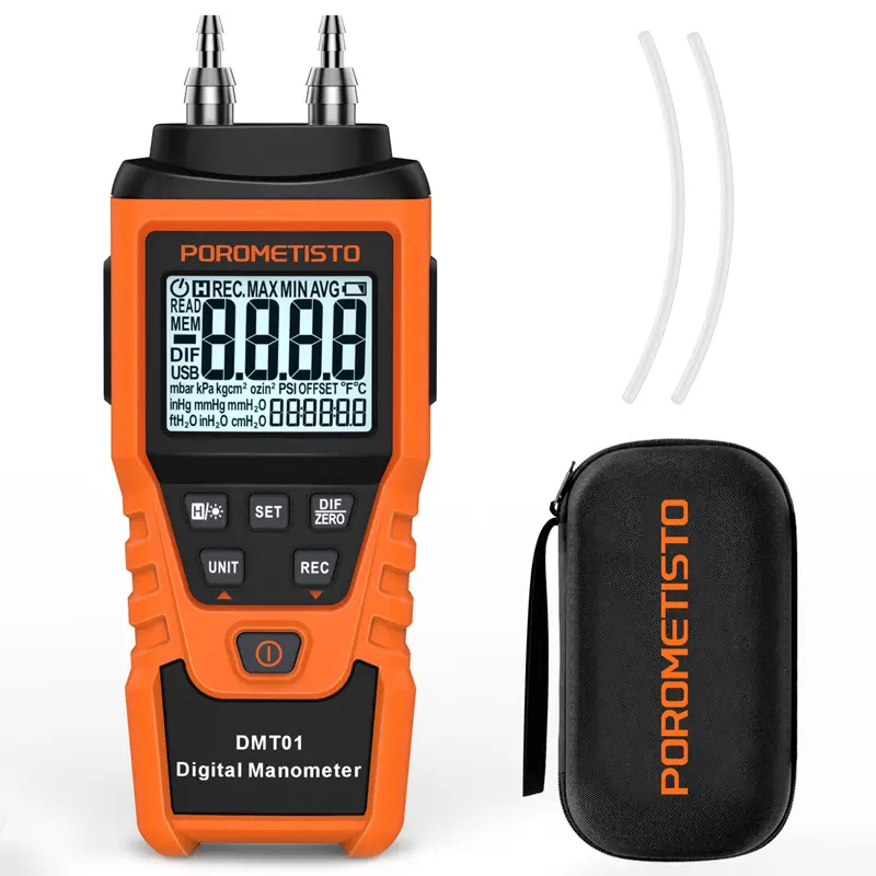 POROMETISTO DMT01 Digital Manometer with Manifold Gauge Kit, HVAC Manifold Gauge, 12 Pressure Units, H2O Support, Adjustable Auto Power-Off, 1-Touch Backlight, 3x1.5V AAA Batteries, Boiler Pressure Tests Tool for Automotive Maintenance, Hoses, Cloth Bag,,