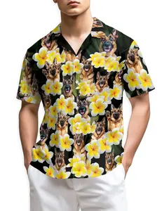 Plumeria German Shepherd 3D Hawaiian Shirt Hawaii Beach Retro Hawaiian Shirt Short-Sleeve Hawaiian Aloha Shirt for Men Women, Button Down Summer Beach Short Sleeve, Sizes S-5XL