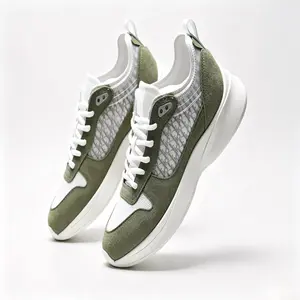 Olive Green & White Casual Sneakers for Men & Women, Breathable Mesh Suede Lace-Up Running Shoes, Lightweight Comfortable Athletic Trainers for Everyday Walking & Sports