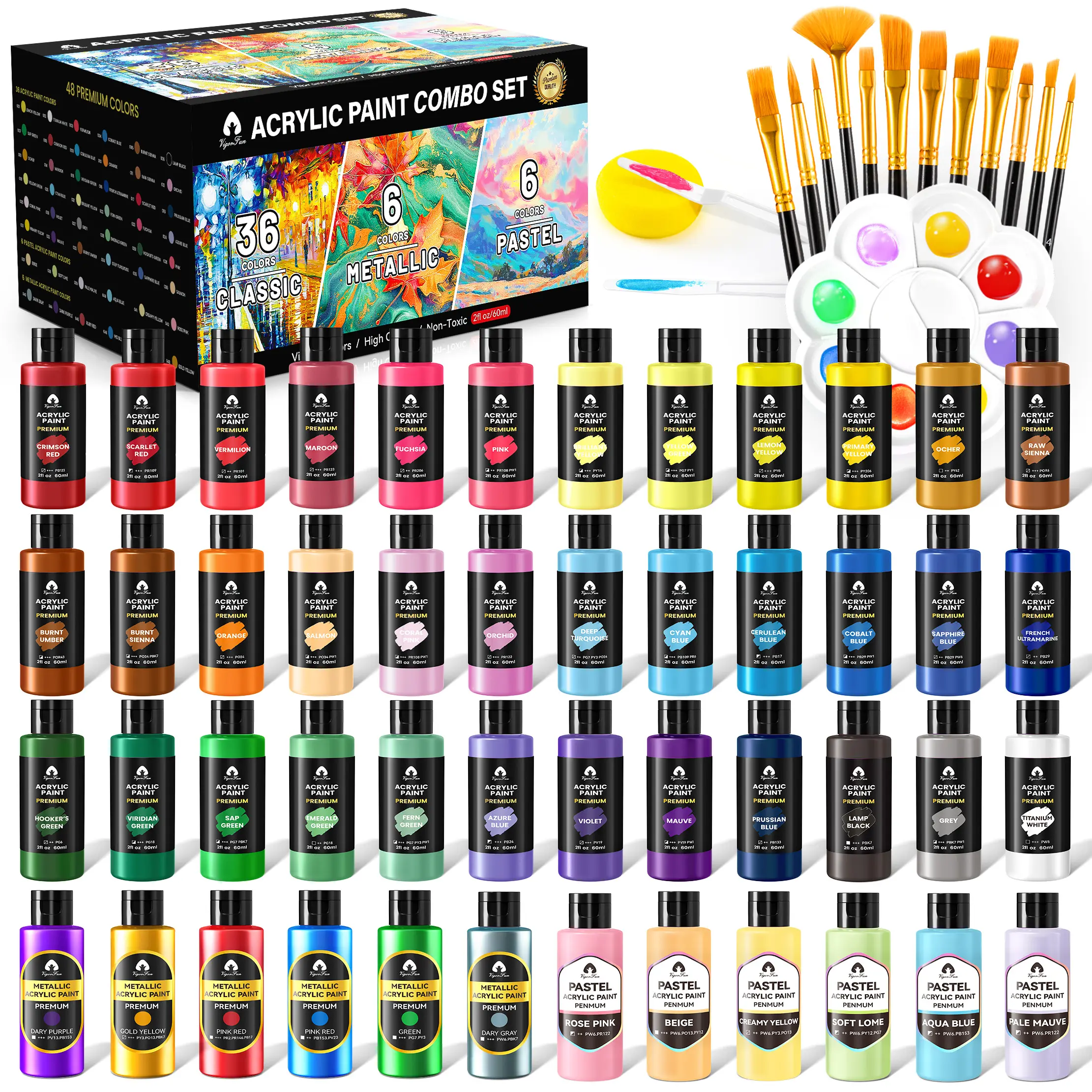 VigorFun Acrylic Paint Set, Classic & Metallic & Pastel Color Combo Set , 2oz/60ml Rich Pigments Paints with Brushes, Knives & Palette for Adults, Artists & Beginners Gifts, Wood Glass Canvas Cloth Crafts Indoor Outdoor Painting Kit in Home Studio School