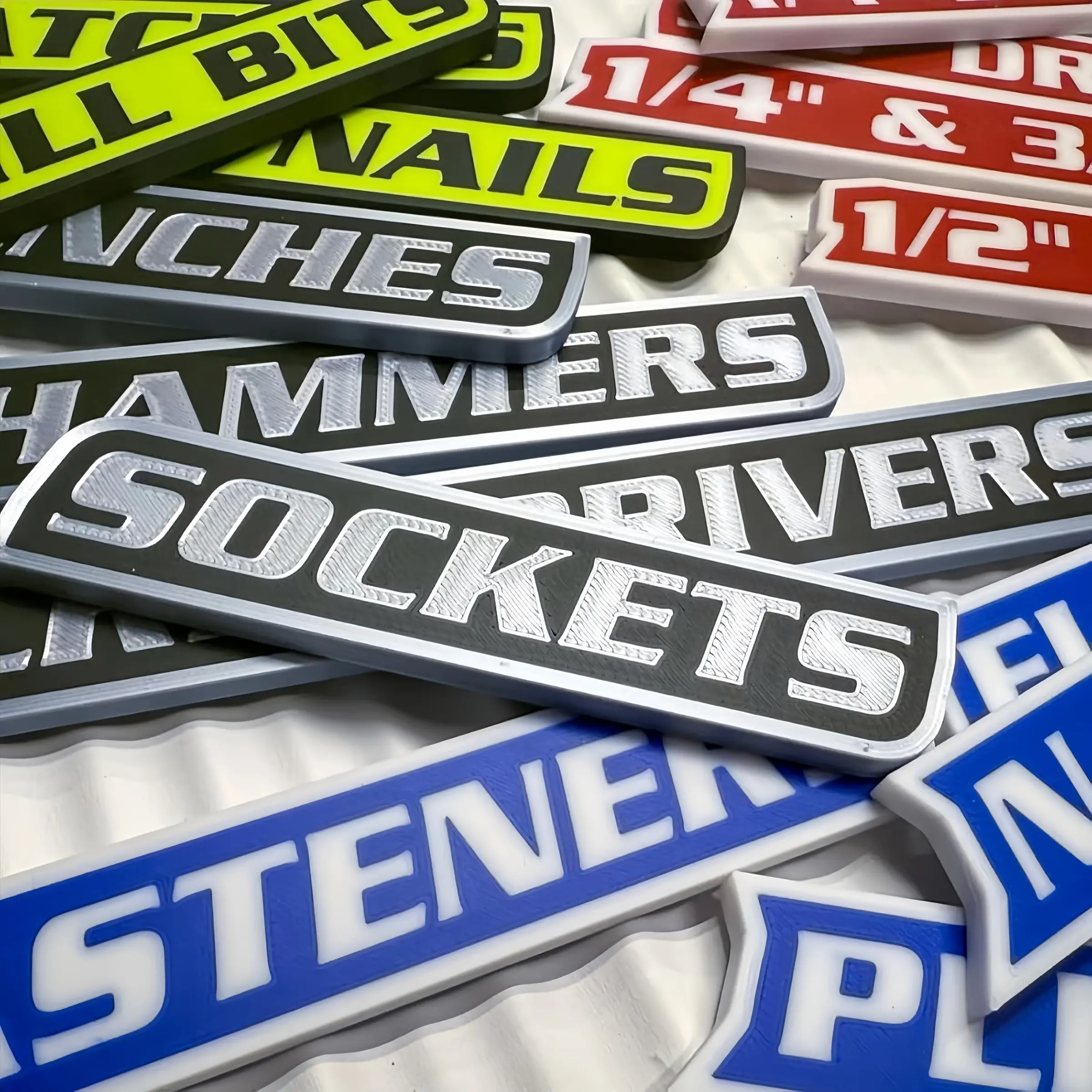 Magnetic Tool Box Labels Set, 12 Pieces Per Set, 3D Printed Universal Organizer Accessories, Fits Steel Cabinets, Carts, Drawers, Tool Boxes, Toolbox Labels