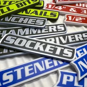 Magnetic Tool Box Labels Set, 12 Pieces Per Set, 3D Printed Universal Organizer Accessories, Fits Steel Cabinets, Carts, Drawers, Tool Boxes