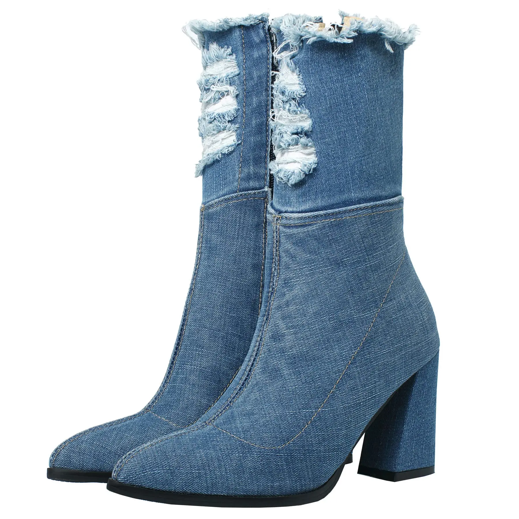 Women's Distressed Denim Mid-Calf Boots with Pointed Toe, Chunky High Heel and Side Zipper, Western Cowgirl Style Footwear, Shoe, Classic, Thick, Rubber, 7562-2-Lightblue, Raw Edge