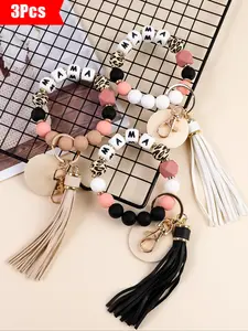 Set of 3 Beaded Keychains, Classic Design, Leopard Print Mix with Letter Mama, Fashion Bracelet & Bag Charm Gift, Keychain Kawaii