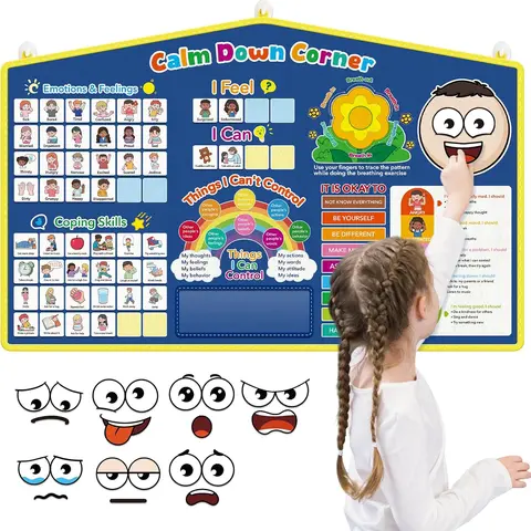 Kids' Emotions Felt Board Chart - 1 Felt Board, Calm Down Corner Tool, Classroom Supplies, Teaching Supplies, Elementary School Office Stationery, Visual Chart, 24 Coping Cards, 1 Guide, 130 Dot Stickers, 4 Hooks, Homeschool Social Emotional Learning Item