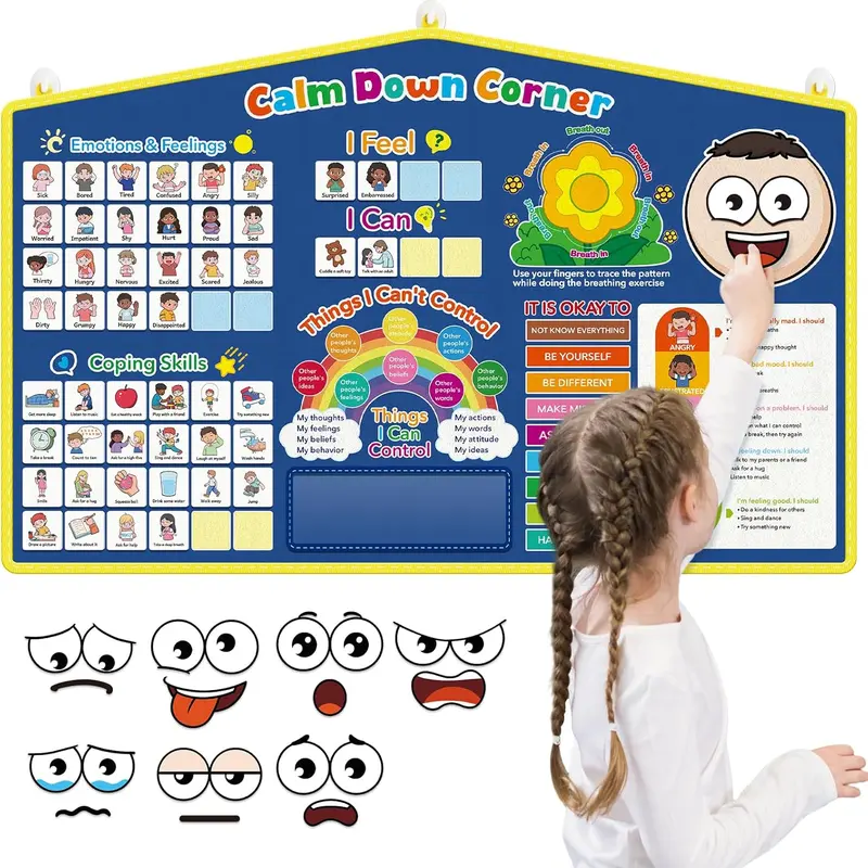 Kids' Emotions Felt Board Chart - 1 Felt Board, Calm Down Corner Tool, Classroom Supplies, Teaching Supplies, Elementary School Office Stationery, Visual Chart, 24 Coping Cards, 1 Guide, 130 Dot Stickers, 4 Hooks, Homeschool Social Emotional Learning Item