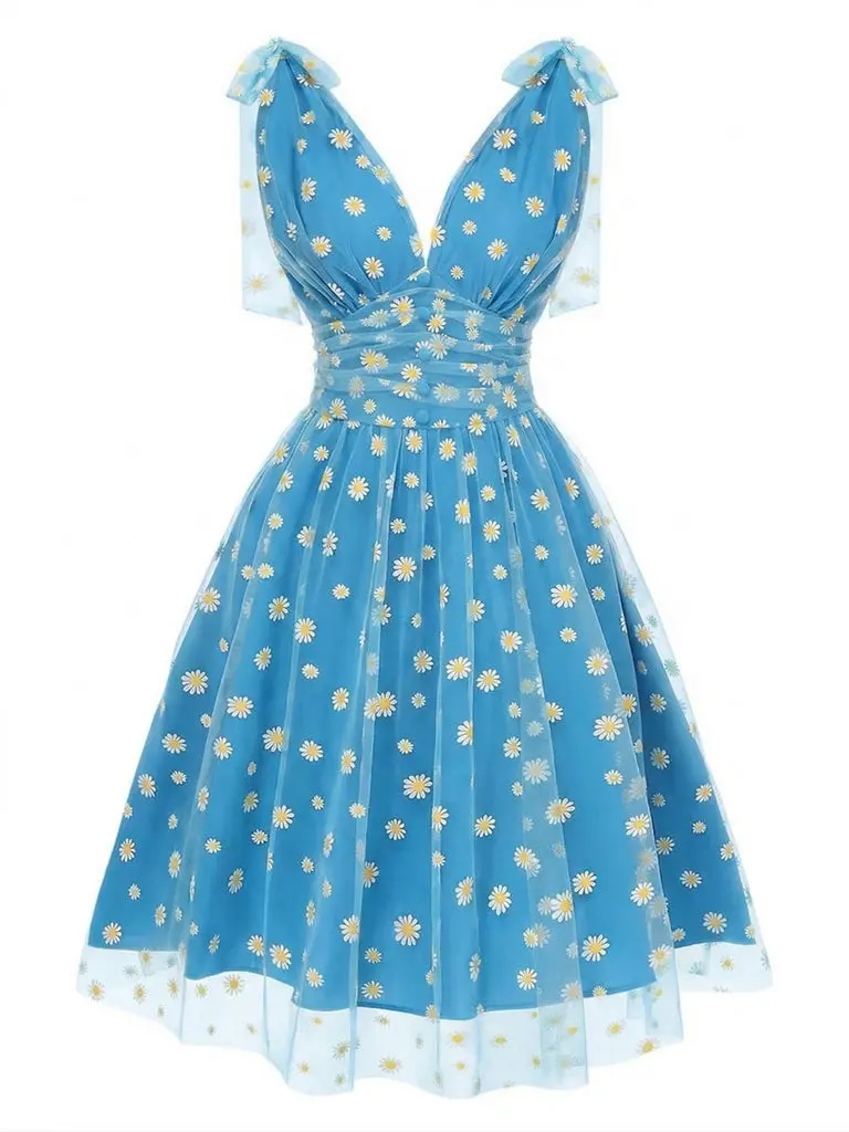 RETRO STAGE Women's Cute Sleeveless 1950s Blue Daisy Casual Dress with Floral Mesh, Knee-Length Swing Sundress for Vacation, 100% Polyester, A-Line Dress, Back Zipper, Bare Arms, V-Neck Cut Wedding Guest Dress Fall Wedding Guest Outfit BackToSchool