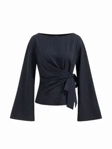 Boat Neck Stripe Knotted Bell Sleeve Blouse